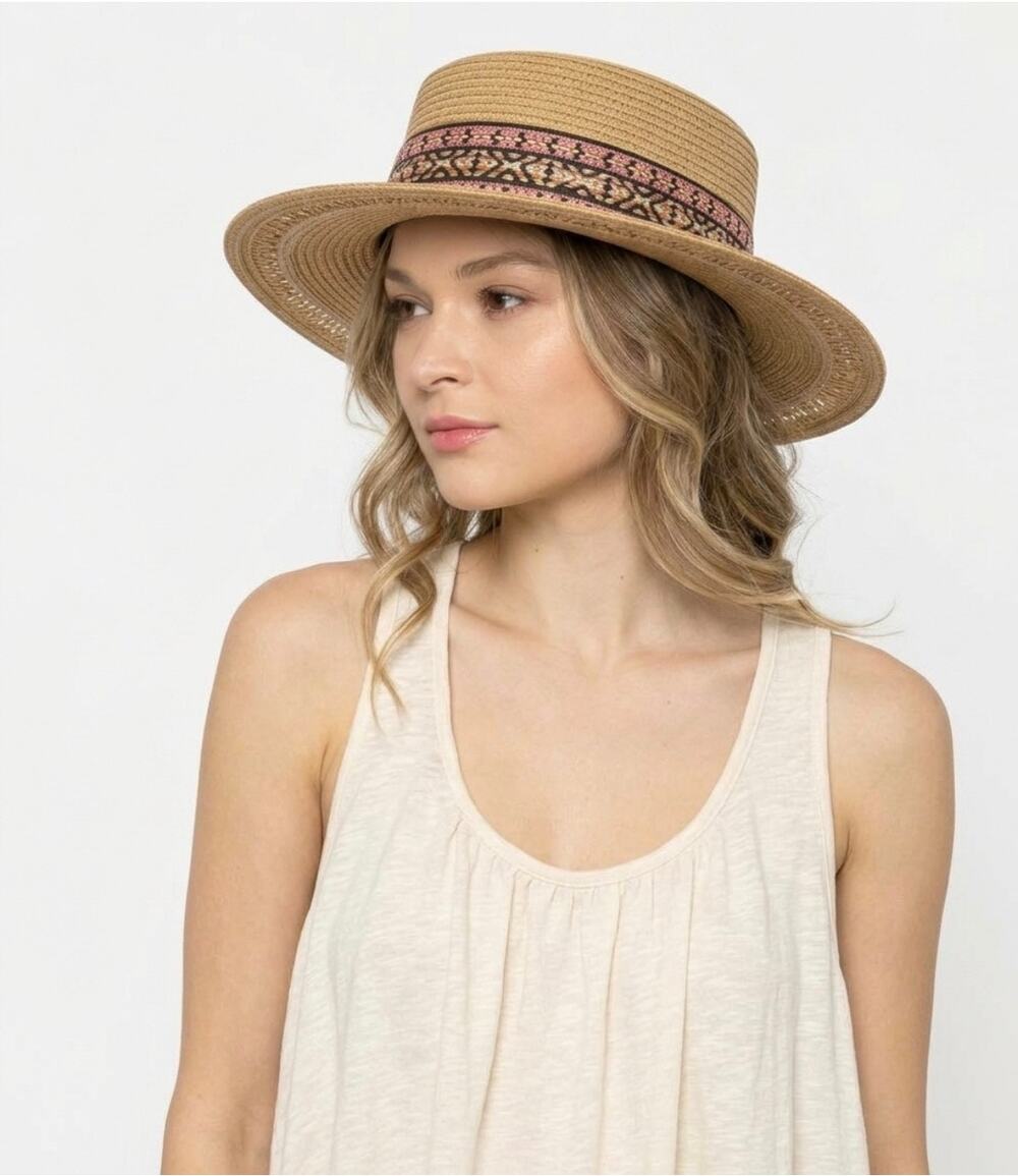 Anthropologie "Do Everything In Love" Straw Boater Hat - Boho Aztec Band Sun Hat